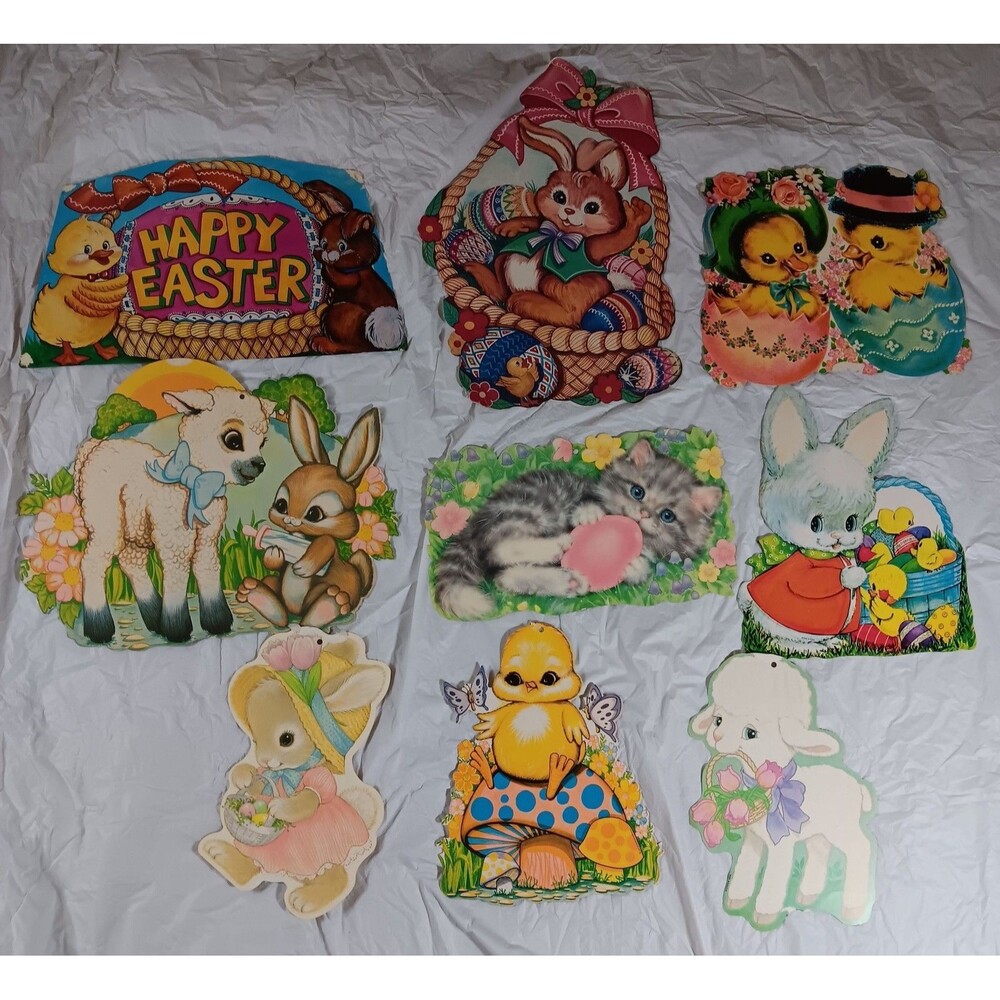 Vtg Easter Die Cut Decoration Lot Eureka Beistle Bunny Eggs Lamb Chicks Cat
